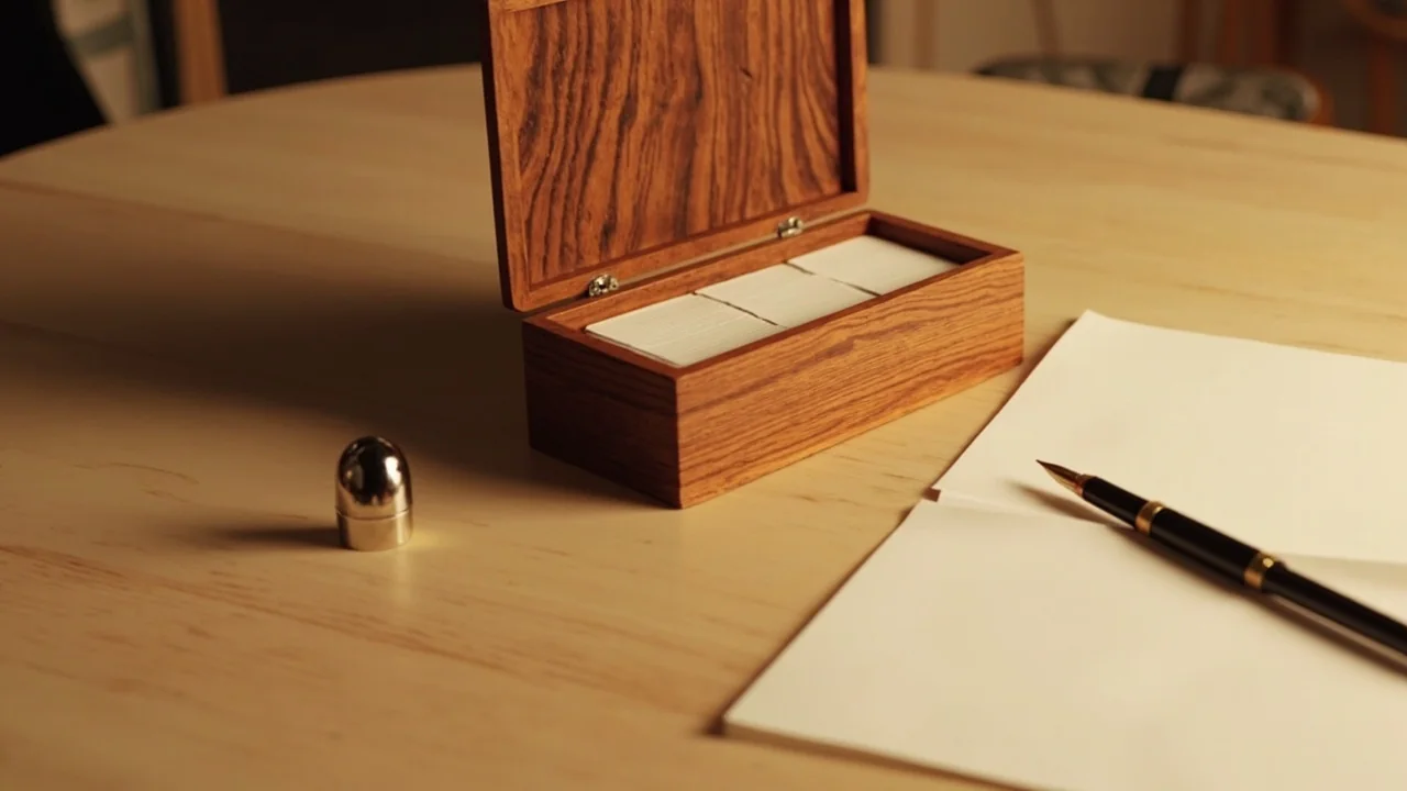Editorial still-life of a wooden box with an APK build card on green felt