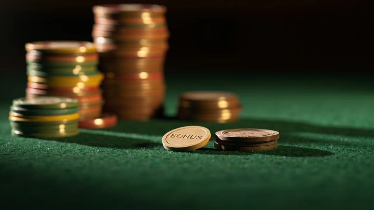 Editorial still-life of a bonus token on green felt beside phone screen, welcome moment
