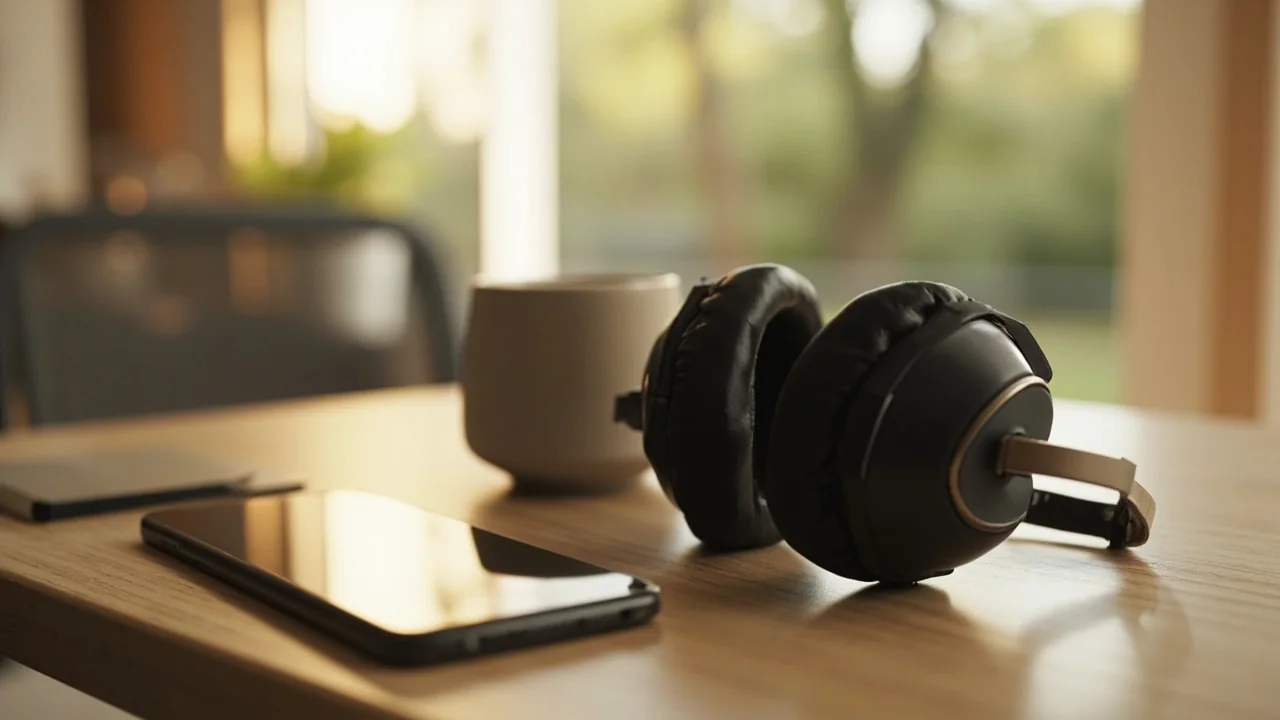 Editorial photo of a customer-care headset on a wooden desk beside a laptop, support moment