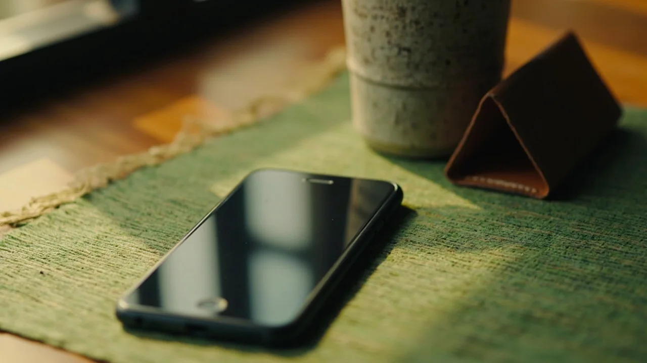 Editorial still-life of a download arrow resting on green felt beside a phone, installation moment
