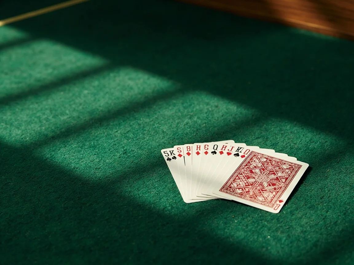 Editorial close-up of green baize felt with playing cards arranged in a controlled spread — a refer code is one small mark on the felt