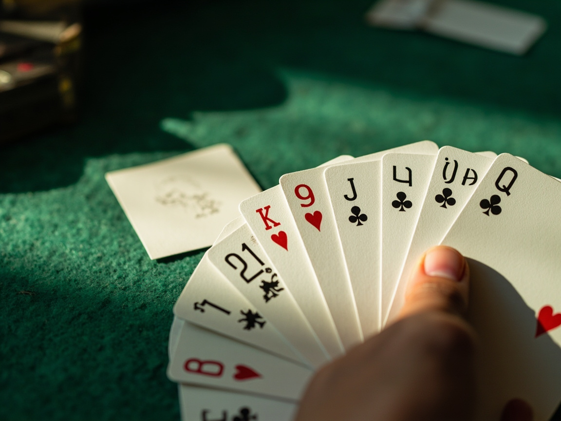 Editorial close-up of a thirteen-card rummy hand spread in fan on green felt