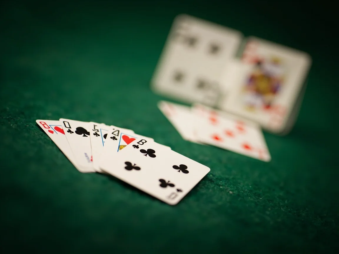 Editorial photograph of rummy melds on green felt, a pure sequence, an impure sequence and a set