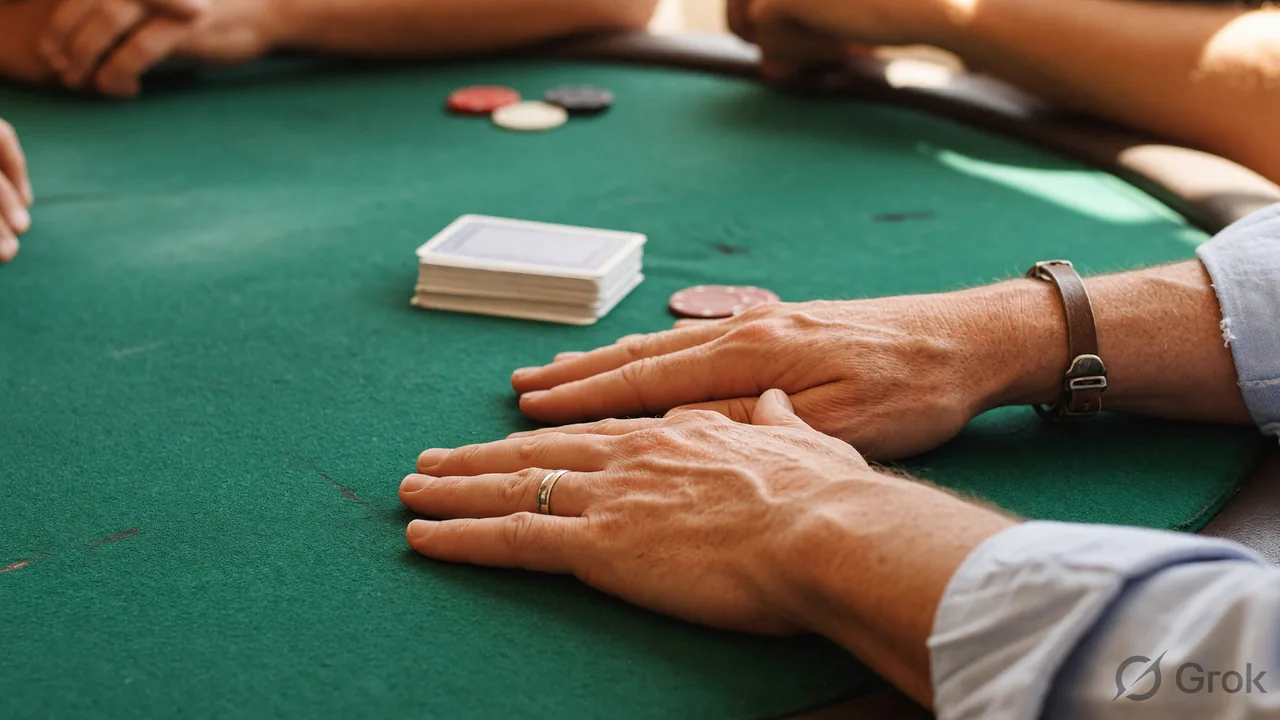 Editorial photograph of an adult player's hands resting at the edge of a green felt table, mid-moment pause