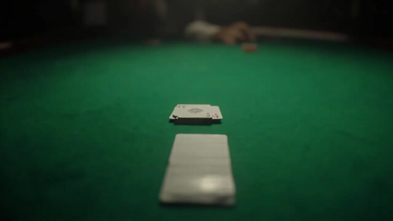 Close-up of a joker card in a rummy hand on green felt