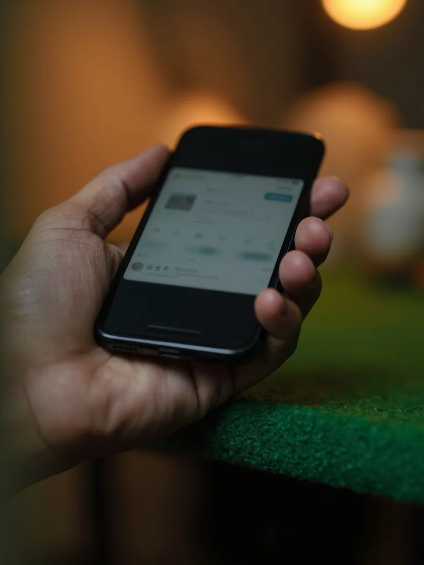 Editorial photo of an adult's hand holding a smartphone over a green felt table edge during a real rummy session, app-moment