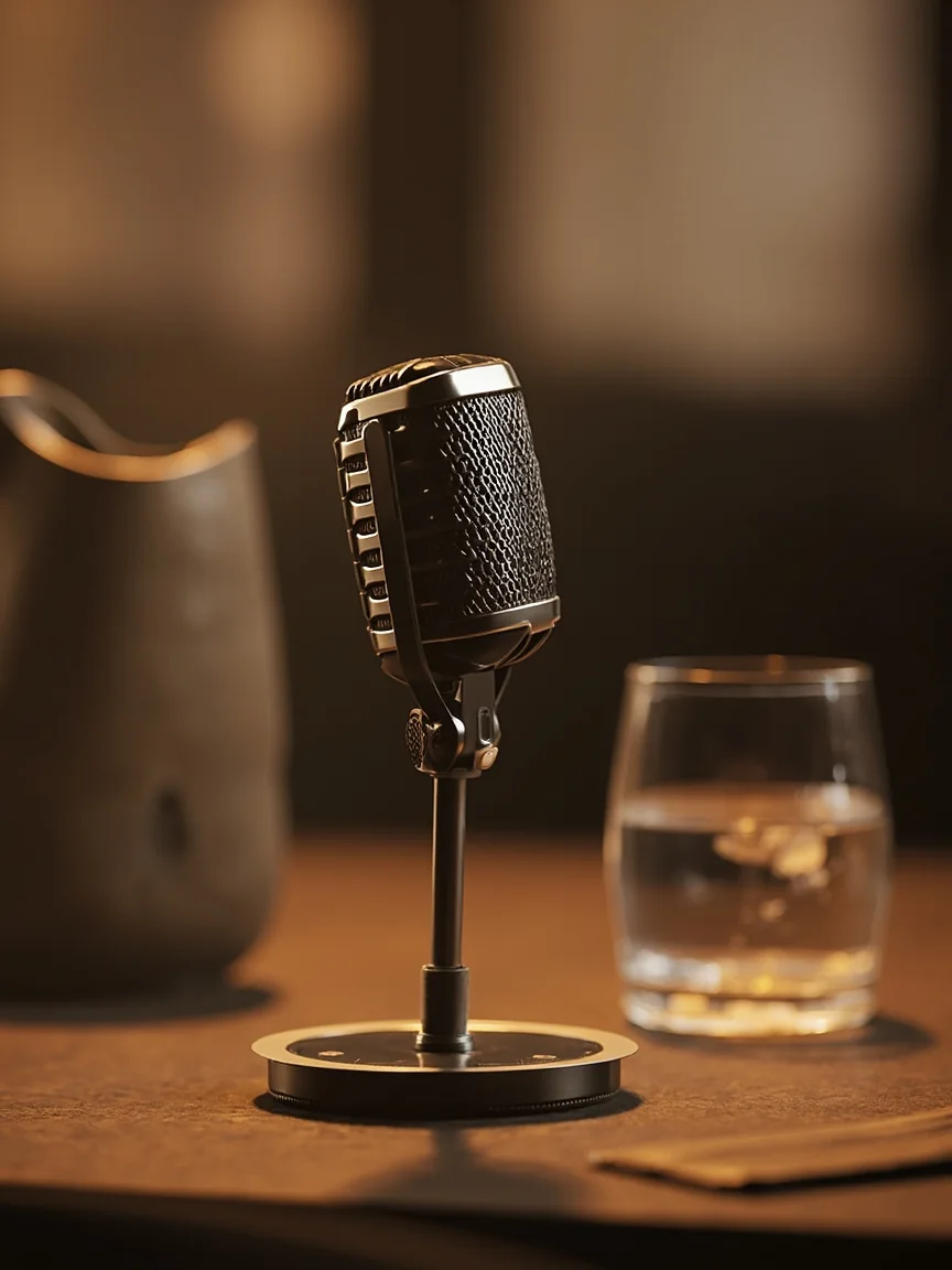Editorial photograph of a desk microphone on a quiet wooden press-room table, daylight from a window