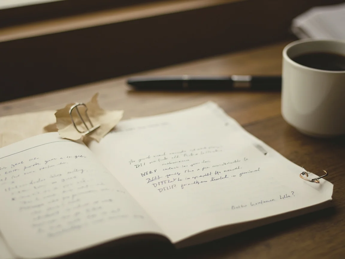 Open printed rulebook with a paper clip marking a revised page, fountain pen and ceramic mug beside on a wooden desk — the standards ledger the desk signs against