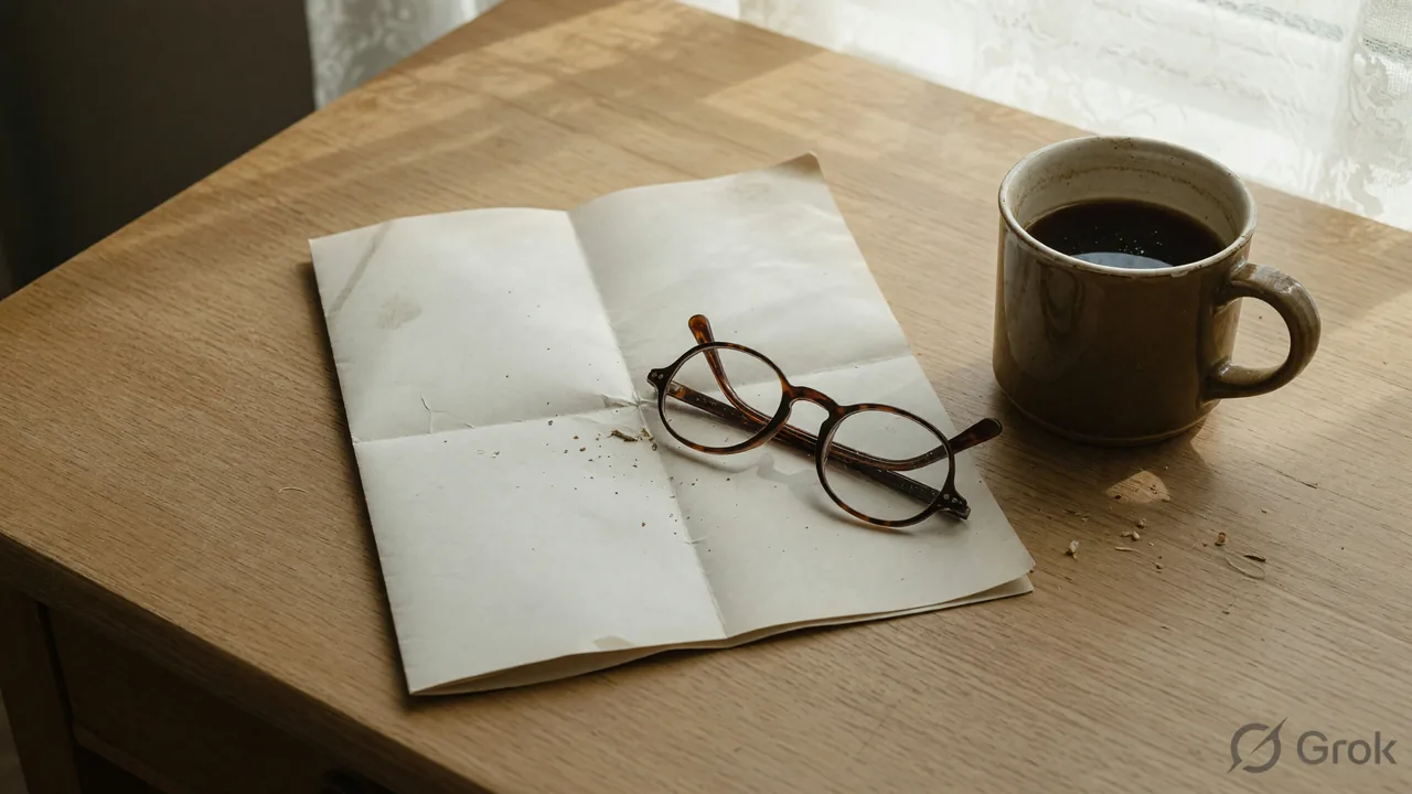 Editorial photograph of a quiet wooden desk with a folded paper, reading glasses, and a coffee mug, mid-day light