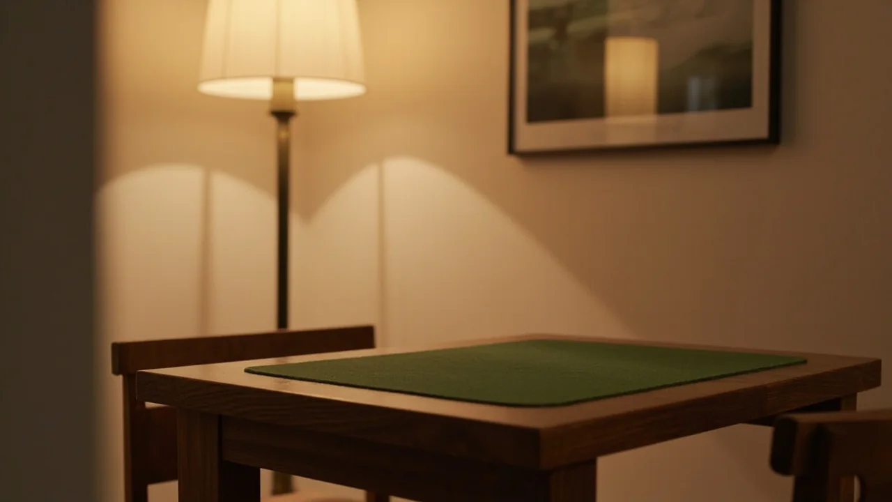 Wide editorial photo of an indoor rummy room with several felt tables