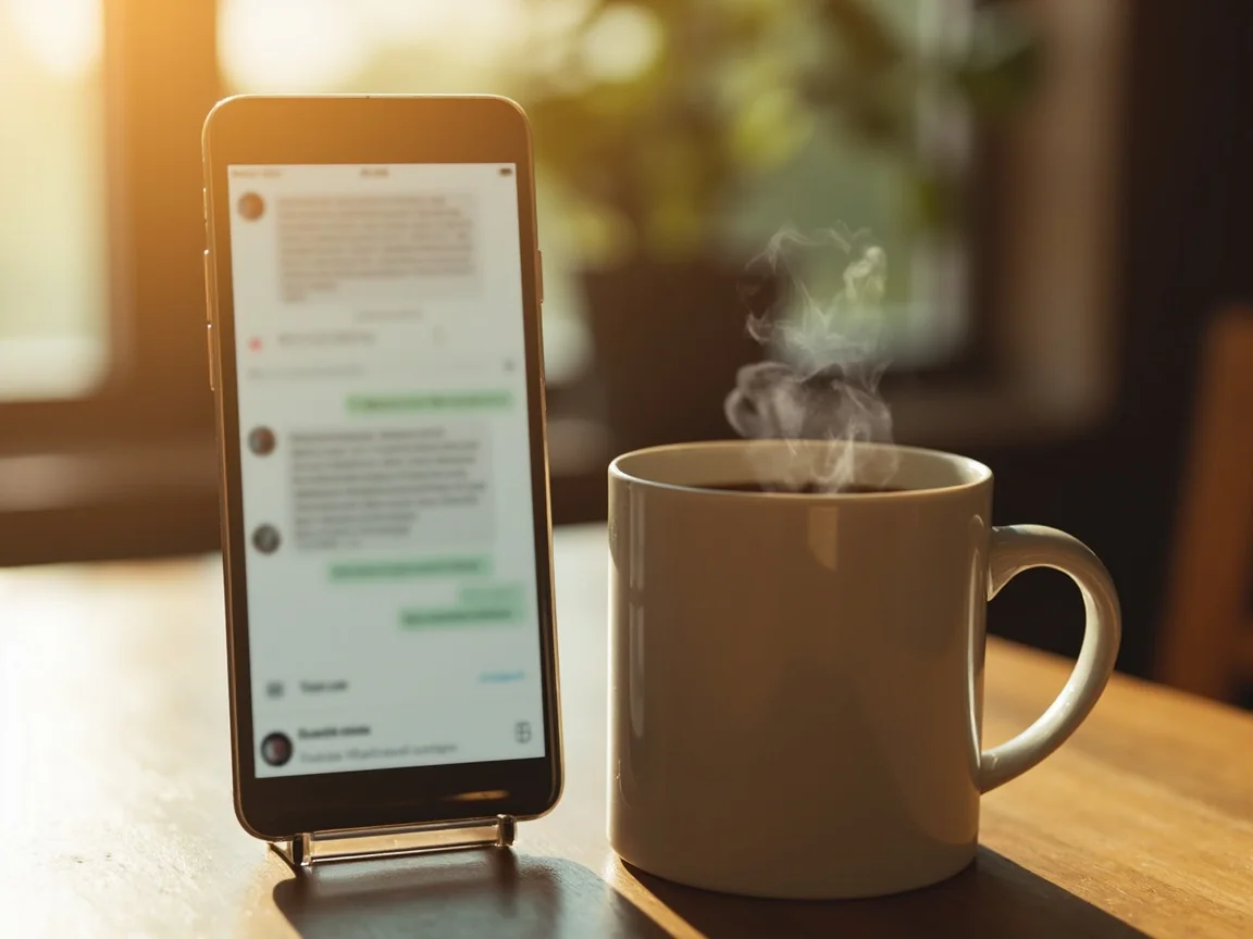 Editorial photo of a support chat beside a coffee cup on a wooden desk, customer review moment