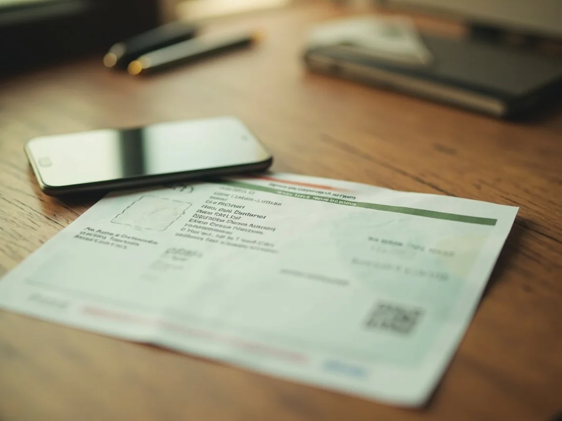 Phone displaying a UPI payment confirmation screen, paper receipts beside