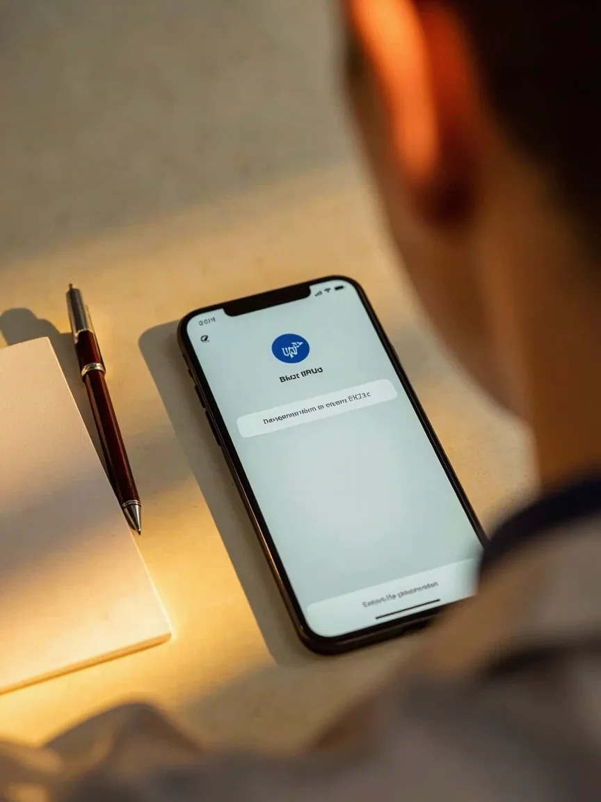 Editorial still-life of a banking confirmation on a phone screen beside a paper passbook