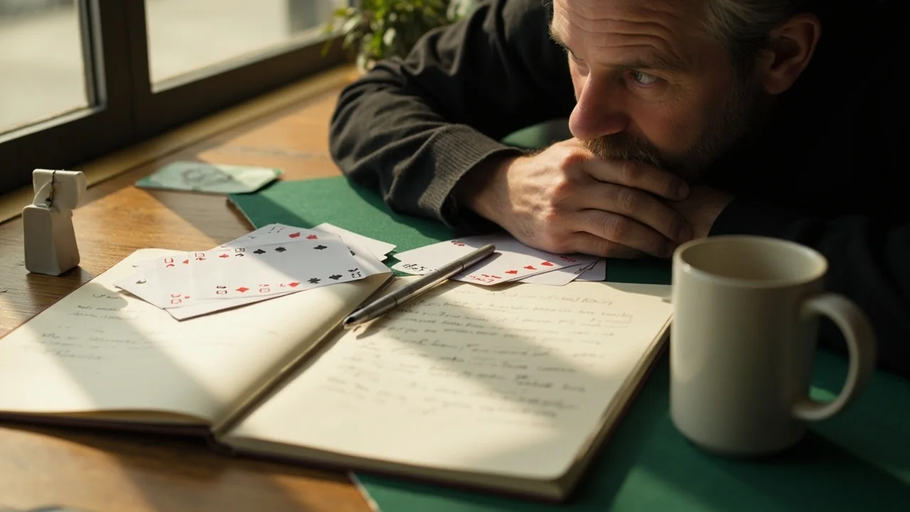 Adult player looking at a hand of rummy cards with a careful expression
