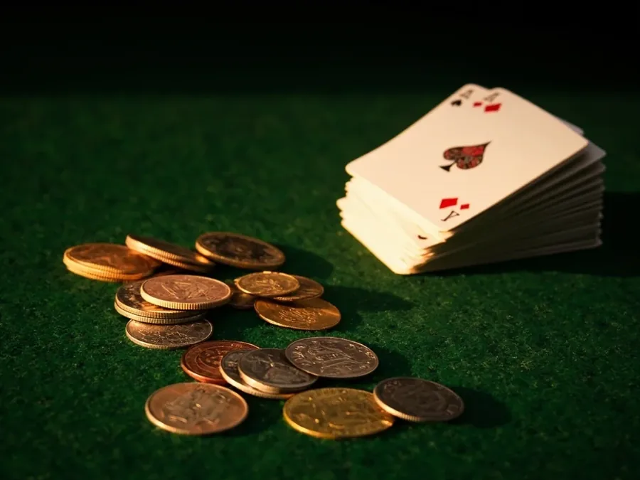 Editorial photograph of an adult player's hand resting beside a single face-down card on dark green felt while observing the table, mid-thought moment
